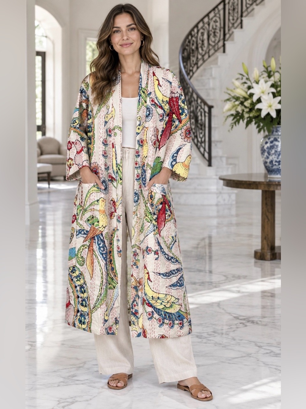 Kantha Kimono Robe colorful bird-and-floral print Open-front robe tie